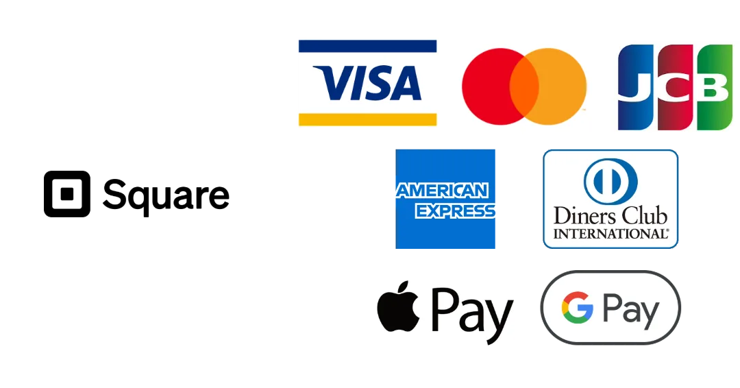 対応決済: Square、VISA、Mastercard、JCB、American Express、Diners Club、Apple Pay、Google Pay